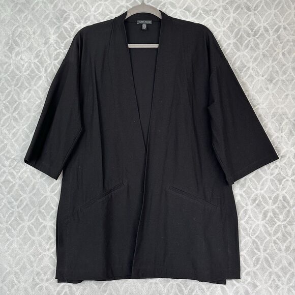 Eileen Fisher Open Front Kimono Cardigan S Black Crepe Pockets Minimal Capsule - Picture 4 of 15